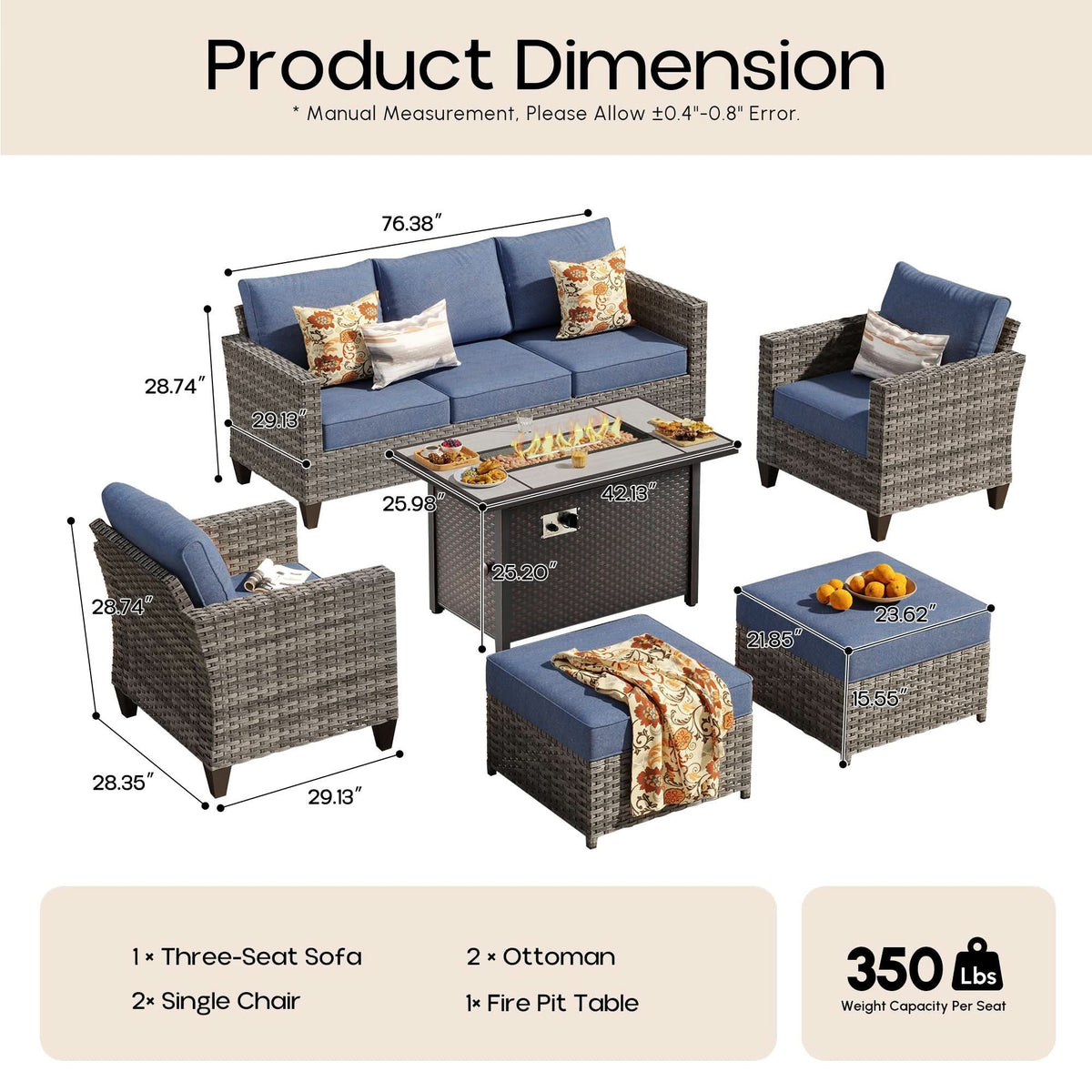 OVIOS Outdoor Patio Conversation Set with Fire Pit Table – Modern Wicker Sofa Seating