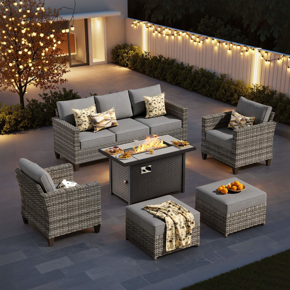 OVIOS Outdoor Patio Conversation Set with Fire Pit Table – Modern Wicker Sofa Seating