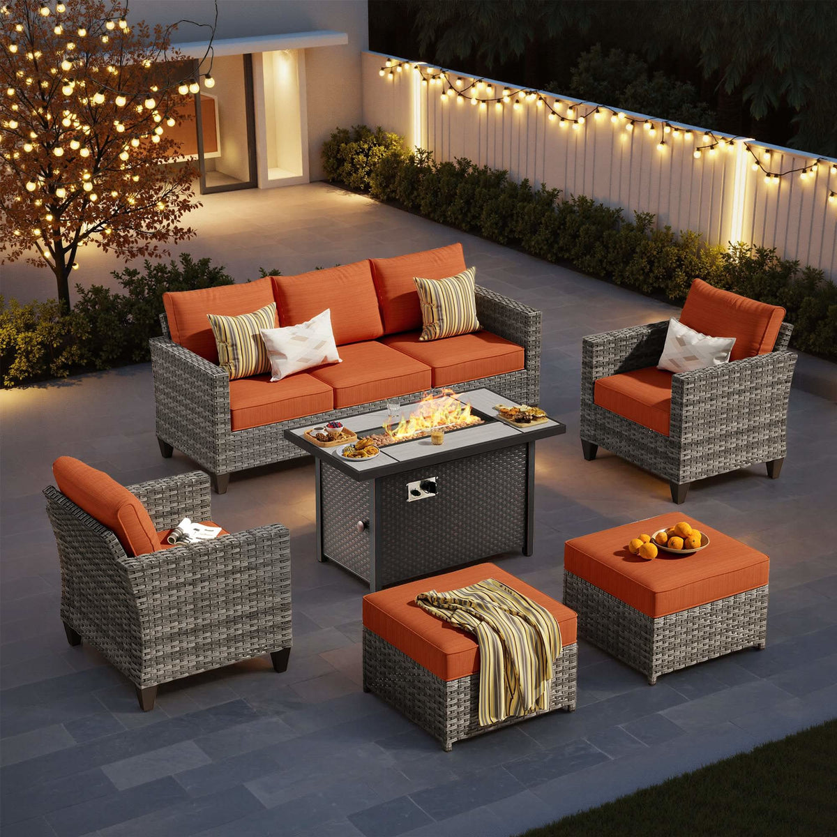 OVIOS Outdoor Patio Conversation Set with Fire Pit Table – Modern Wicker Sofa Seating
