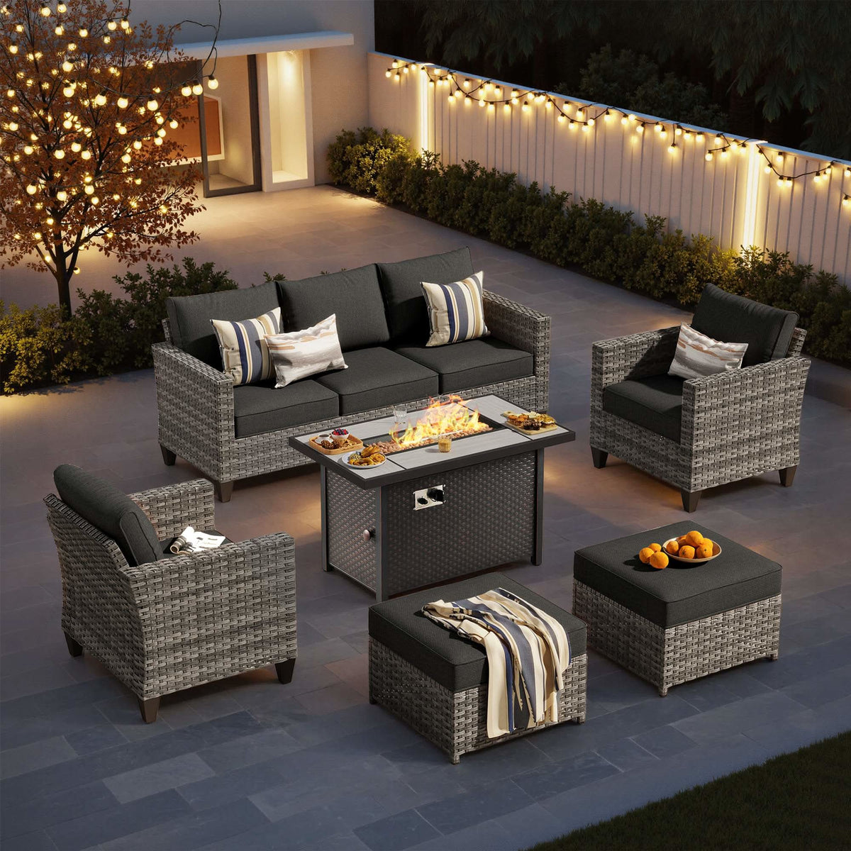 OVIOS Outdoor Patio Conversation Set with Fire Pit Table – Modern Wicker Sofa Seating