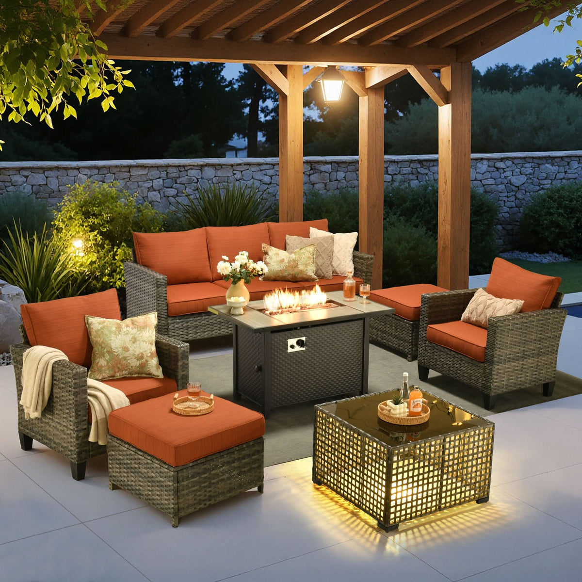 OVIOS Outdoor Patio Conversation Set with Fire Pit Table – Modern Wicker Sofa Seating