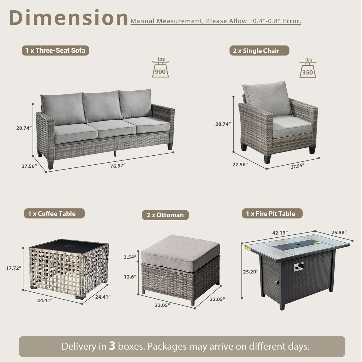 OVIOS Outdoor Patio Conversation Set with Fire Pit Table – Modern Wicker Sofa Seating