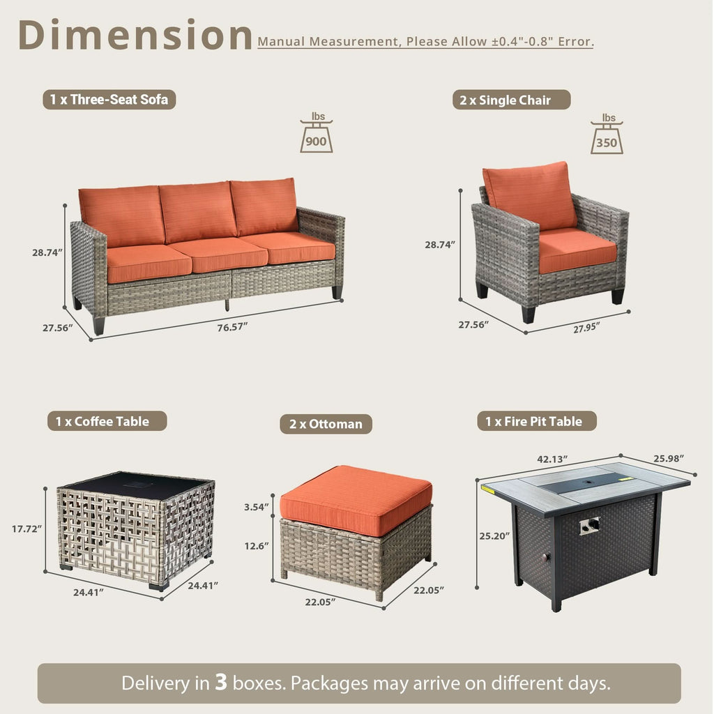 OVIOS Outdoor Patio Conversation Set with Fire Pit Table – Modern Wicker Sofa Seating
