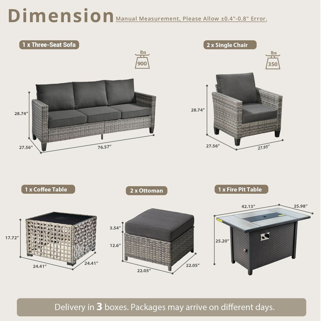 OVIOS Outdoor Patio Conversation Set with Fire Pit Table – Modern Wicker Sofa Seating