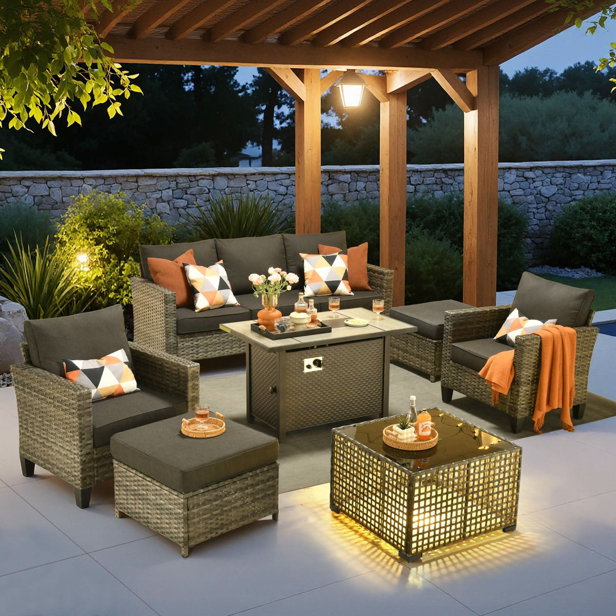 OVIOS Outdoor Patio Conversation Set with Fire Pit Table – Modern Wicker Sofa Seating