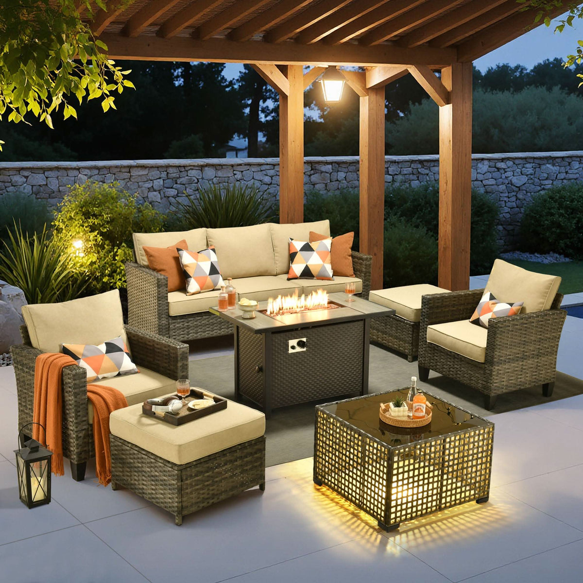OVIOS Outdoor Patio Conversation Set with Fire Pit Table – Modern Wicker Sofa Seating