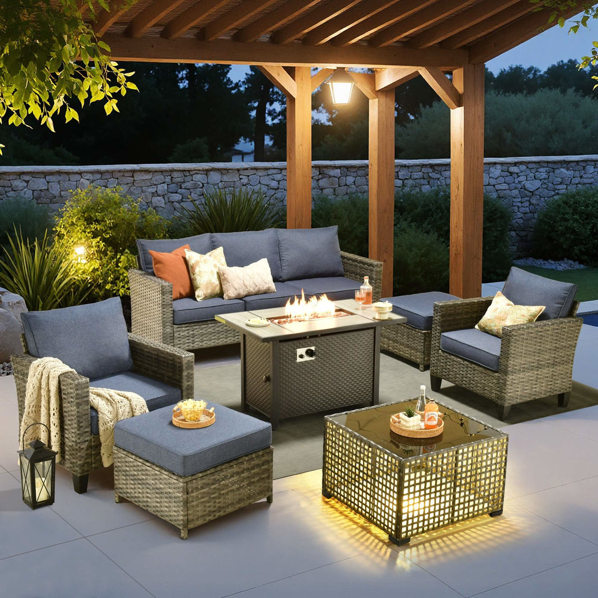 OVIOS Outdoor Patio Conversation Set with Fire Pit Table – Modern Wicker Sofa Seating