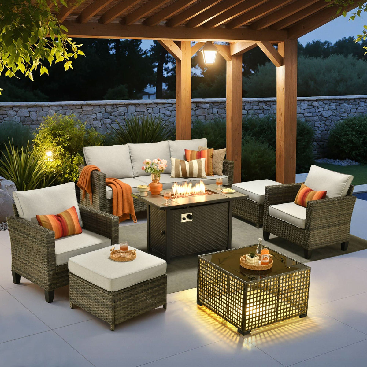 OVIOS Outdoor Patio Conversation Set with Fire Pit Table – Modern Wicker Sofa Seating