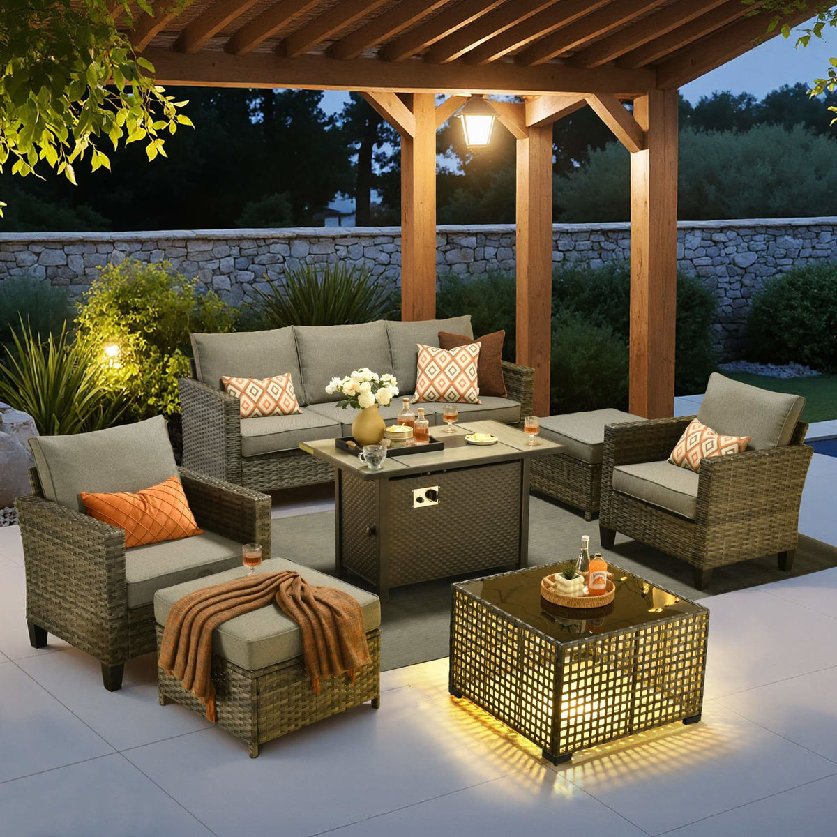 OVIOS Outdoor Patio Conversation Set with Fire Pit Table – Modern Wicker Sofa Seating