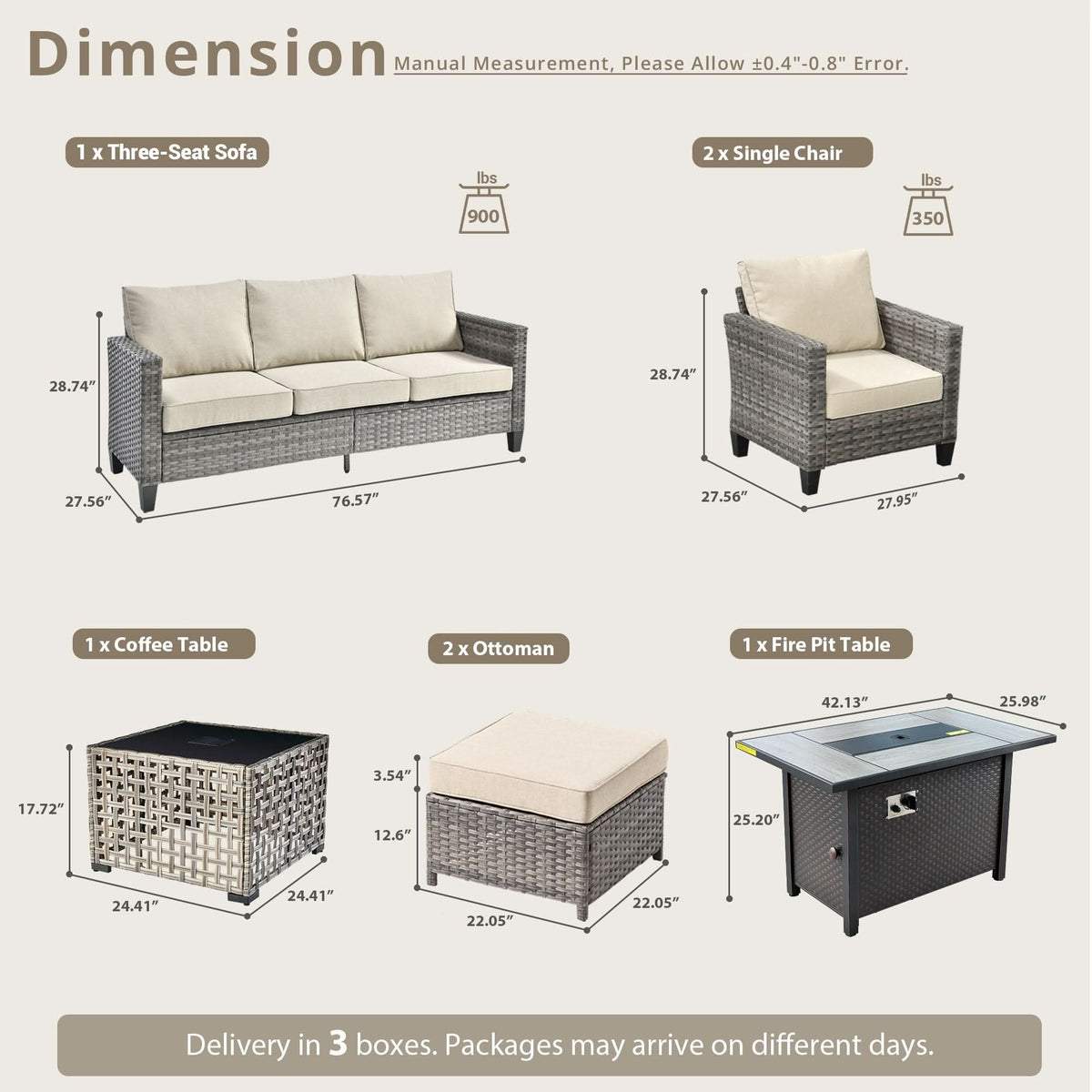 OVIOS Outdoor Patio Conversation Set with Fire Pit Table – Modern Wicker Sofa Seating