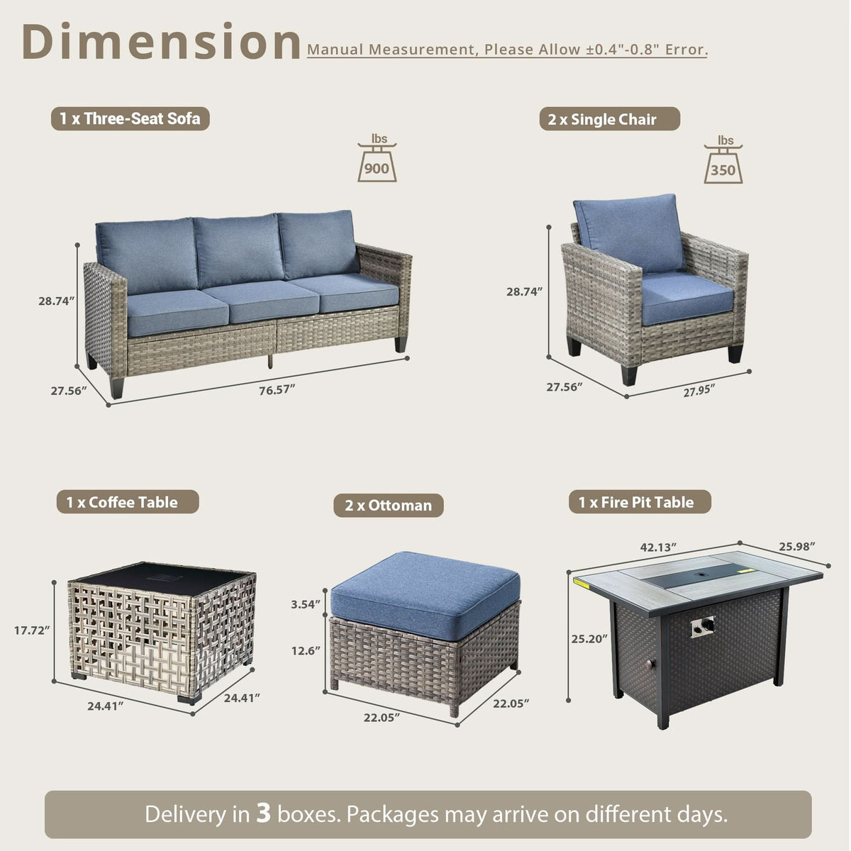 OVIOS Outdoor Patio Conversation Set with Fire Pit Table – Modern Wicker Sofa Seating