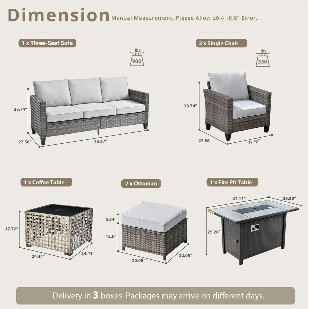 OVIOS Outdoor Patio Conversation Set with Fire Pit Table – Modern Wicker Sofa Seating