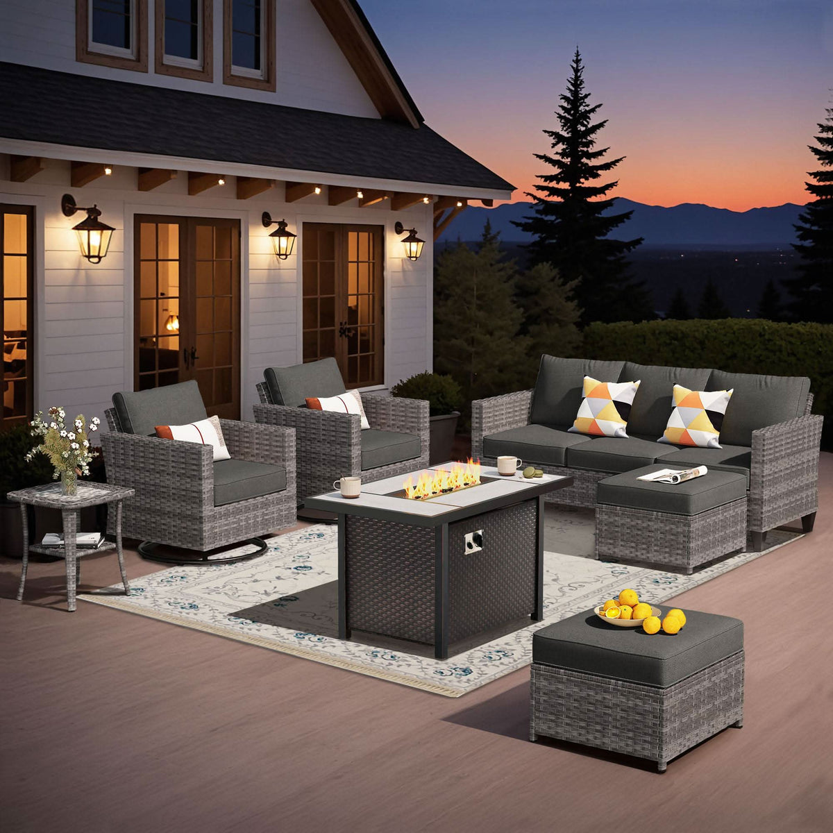 OVIOS Outdoor Patio Conversation Set with Fire Pit Table – Modern Wicker Sofa Seating