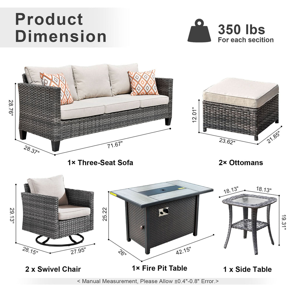 OVIOS Outdoor Patio Conversation Set with Fire Pit Table – Modern Wicker Sofa Seating