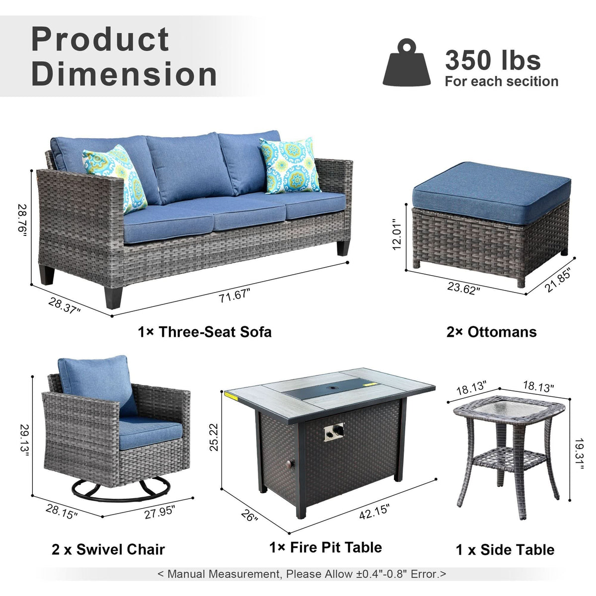 OVIOS Outdoor Patio Conversation Set with Fire Pit Table – Modern Wicker Sofa Seating