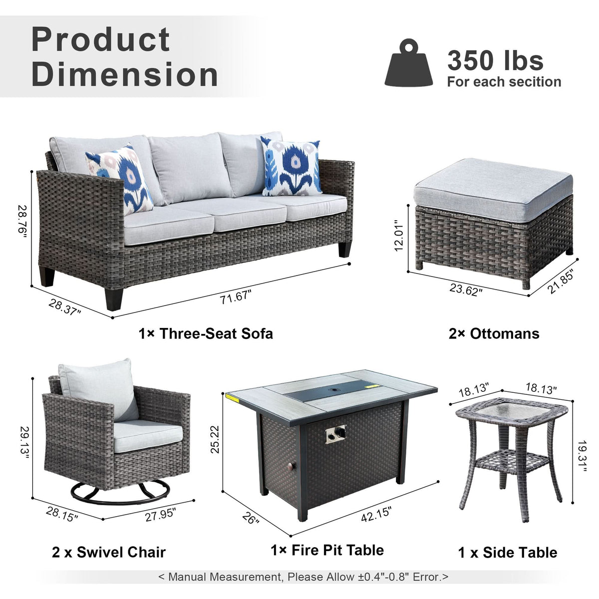 OVIOS Outdoor Patio Conversation Set with Fire Pit Table – Modern Wicker Sofa Seating
