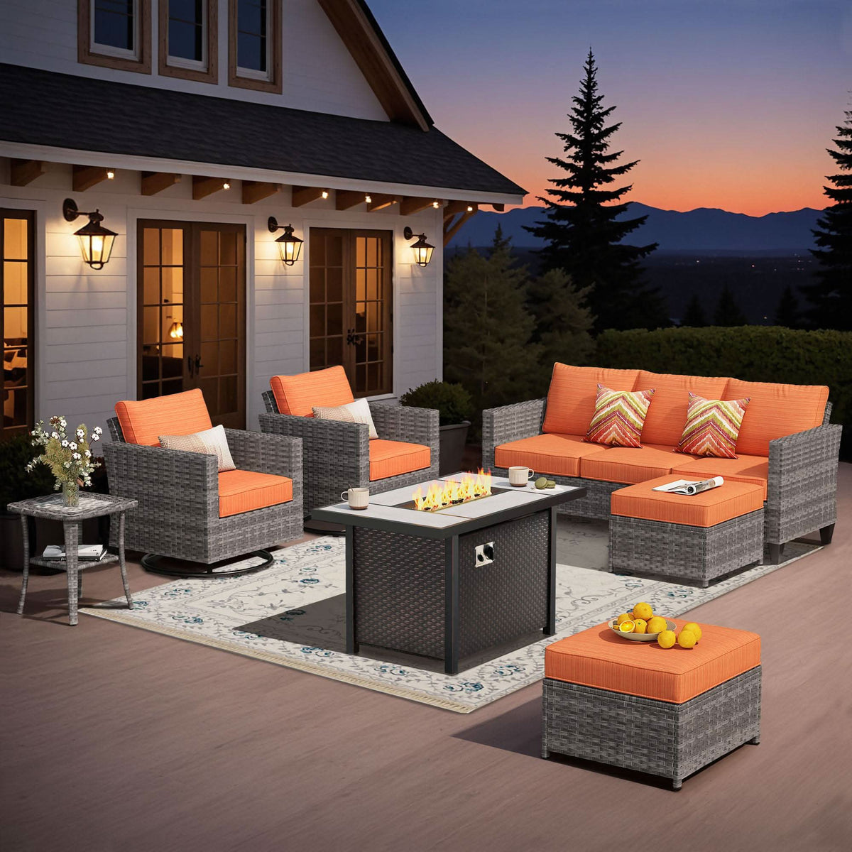 OVIOS Outdoor Patio Conversation Set with Fire Pit Table – Modern Wicker Sofa Seating