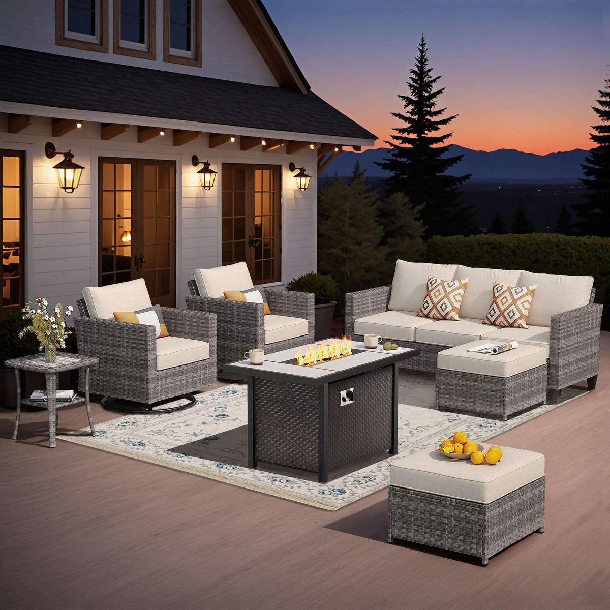 OVIOS Outdoor Patio Conversation Set with Fire Pit Table – Modern Wicker Sofa Seating