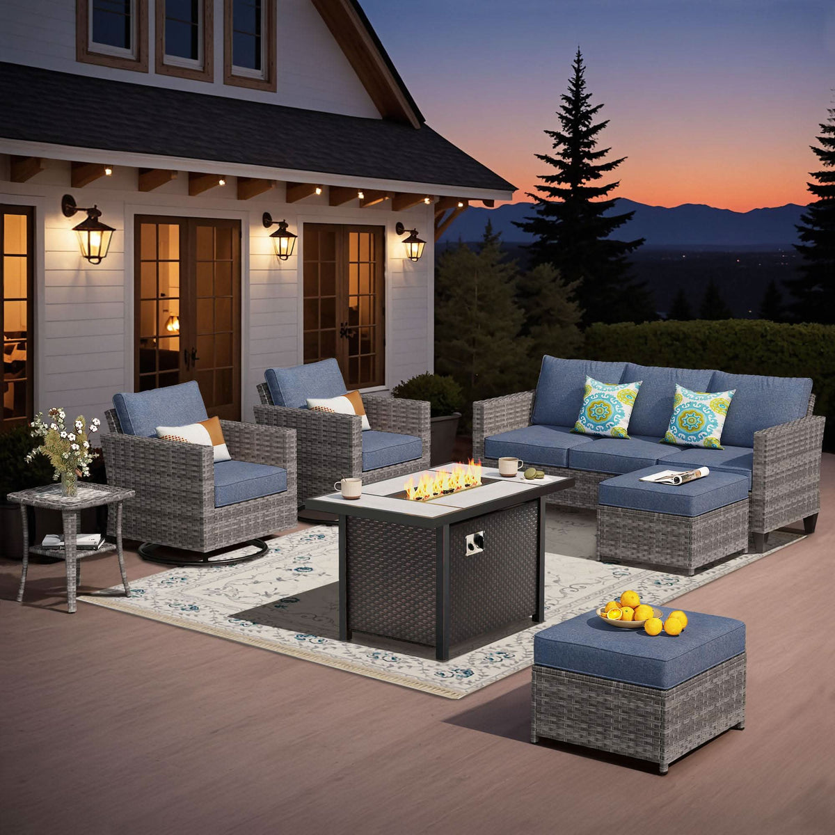 OVIOS Outdoor Patio Conversation Set with Fire Pit Table – Modern Wicker Sofa Seating