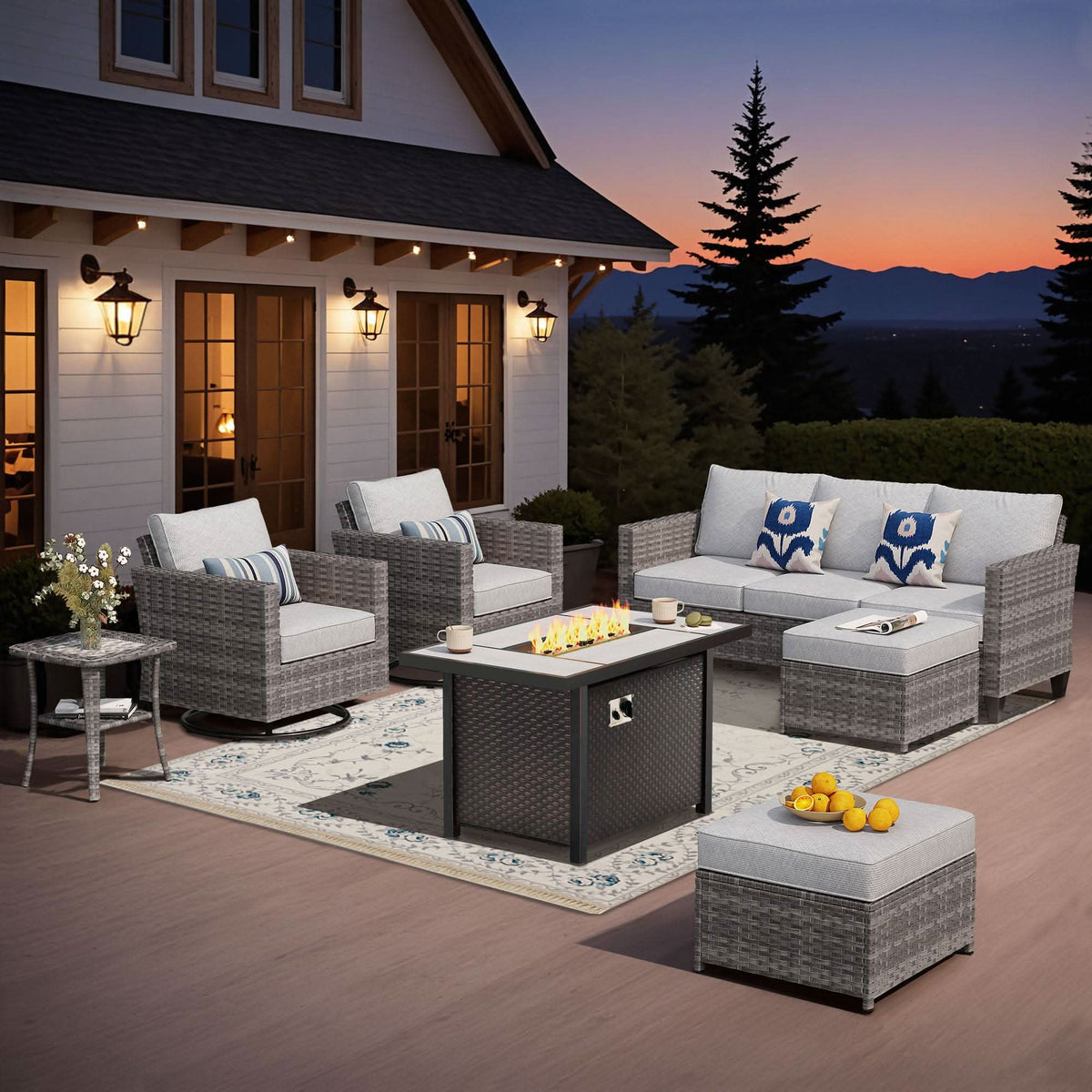 OVIOS Outdoor Patio Conversation Set with Fire Pit Table – Modern Wicker Sofa Seating