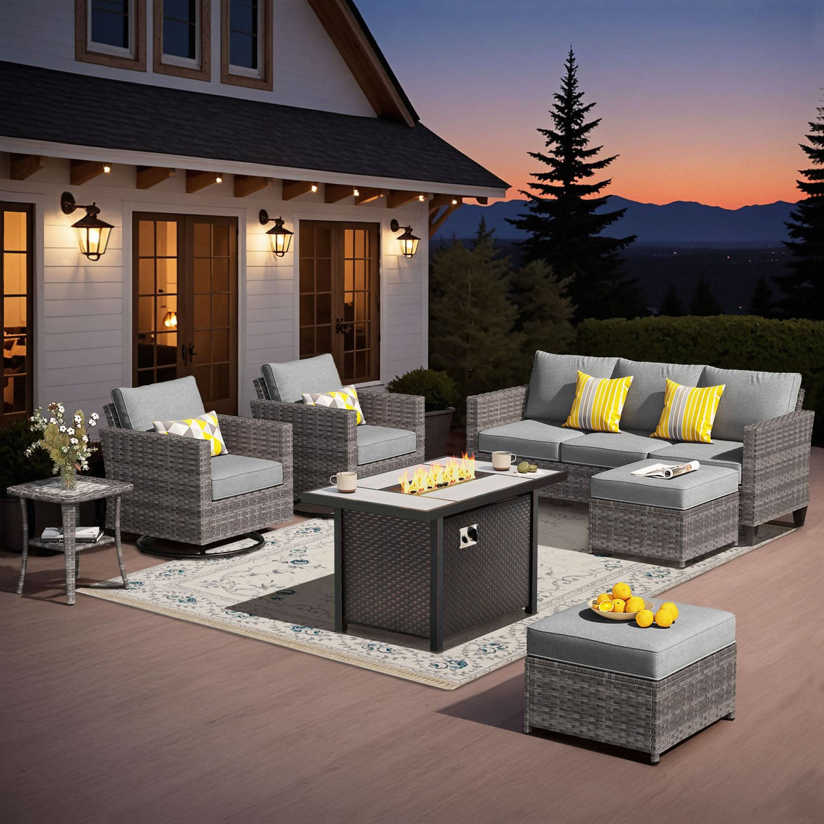 OVIOS Outdoor Patio Conversation Set with Fire Pit Table – Modern Wicker Sofa Seating