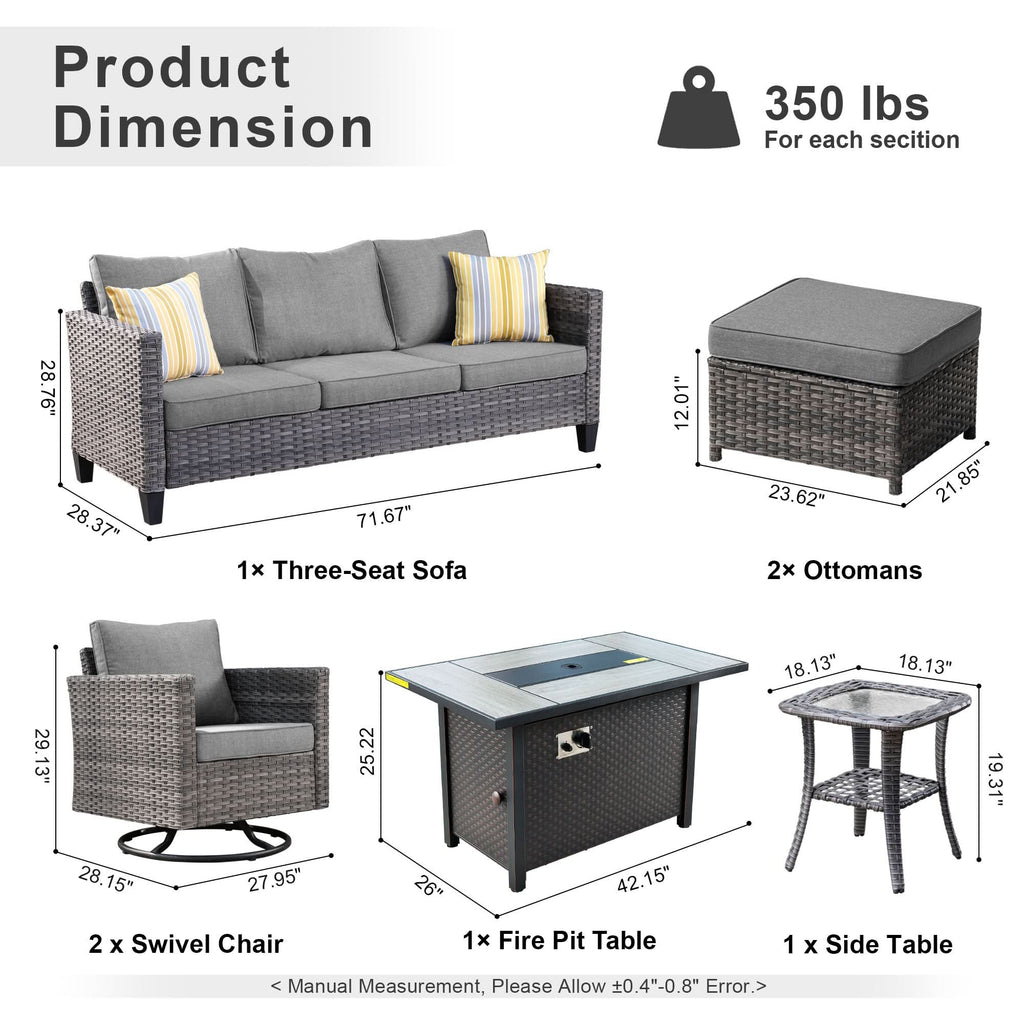OVIOS Outdoor Patio Conversation Set with Fire Pit Table – Modern Wicker Sofa Seating