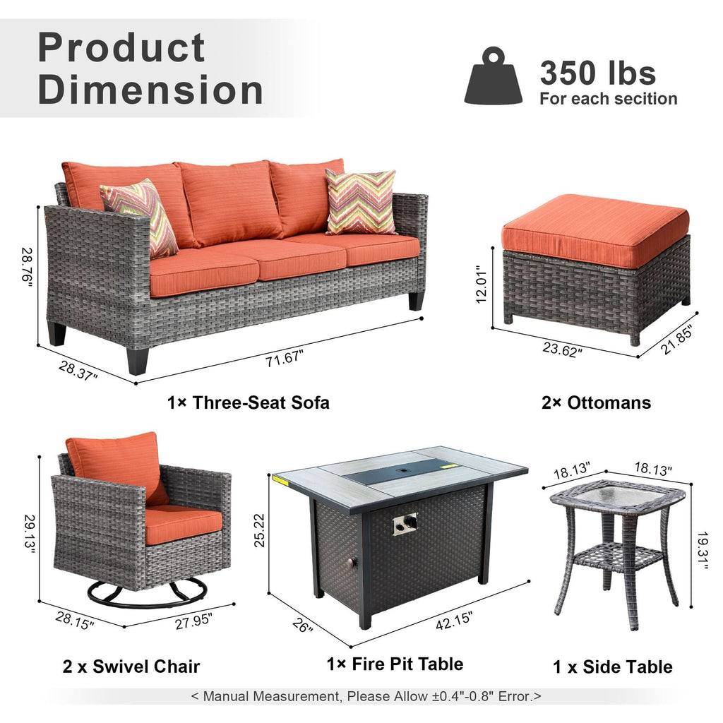 OVIOS Outdoor Patio Conversation Set with Fire Pit Table – Modern Wicker Sofa Seating