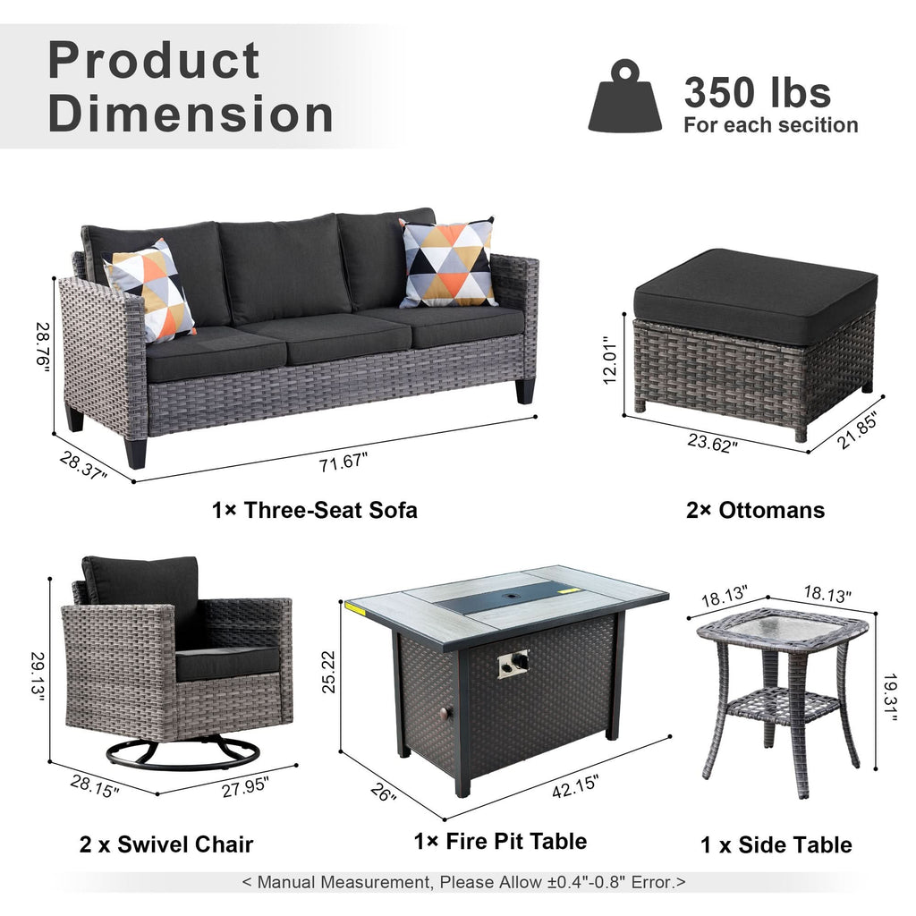 OVIOS Outdoor Patio Conversation Set with Fire Pit Table – Modern Wicker Sofa Seating