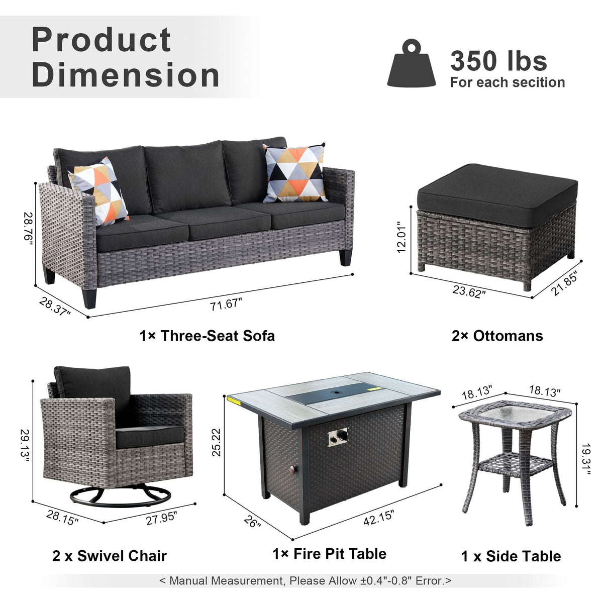 OVIOS Outdoor Patio Conversation Set with Fire Pit Table – Modern Wicker Sofa Seating