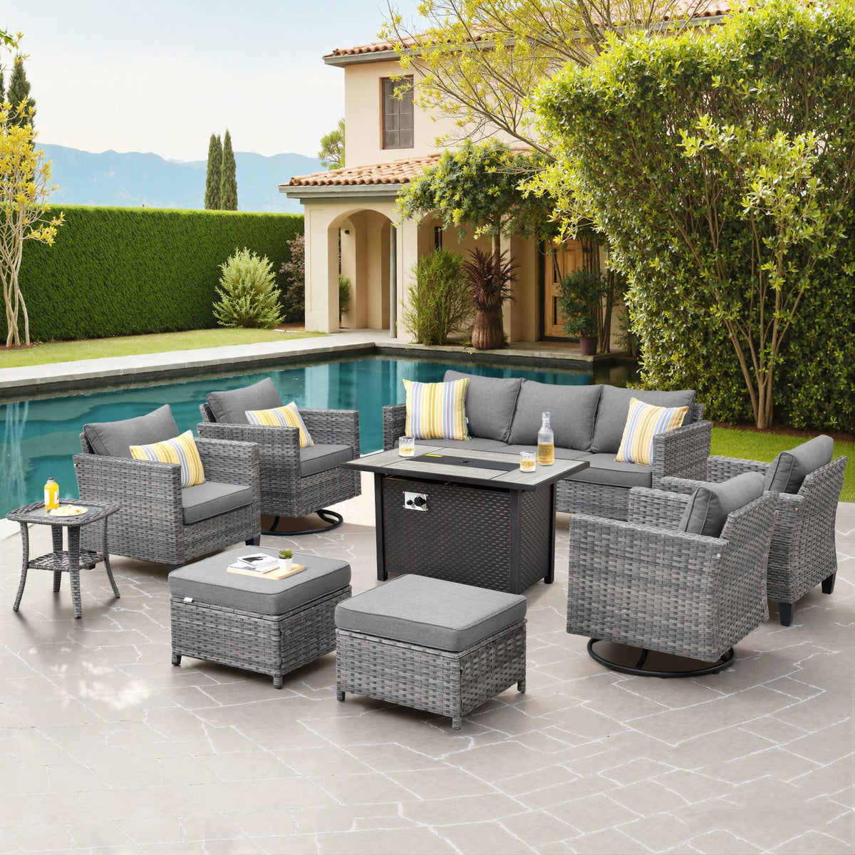 OVIOS Outdoor Patio Conversation Set with Fire Pit Table – Modern Wicker Sofa Seating
