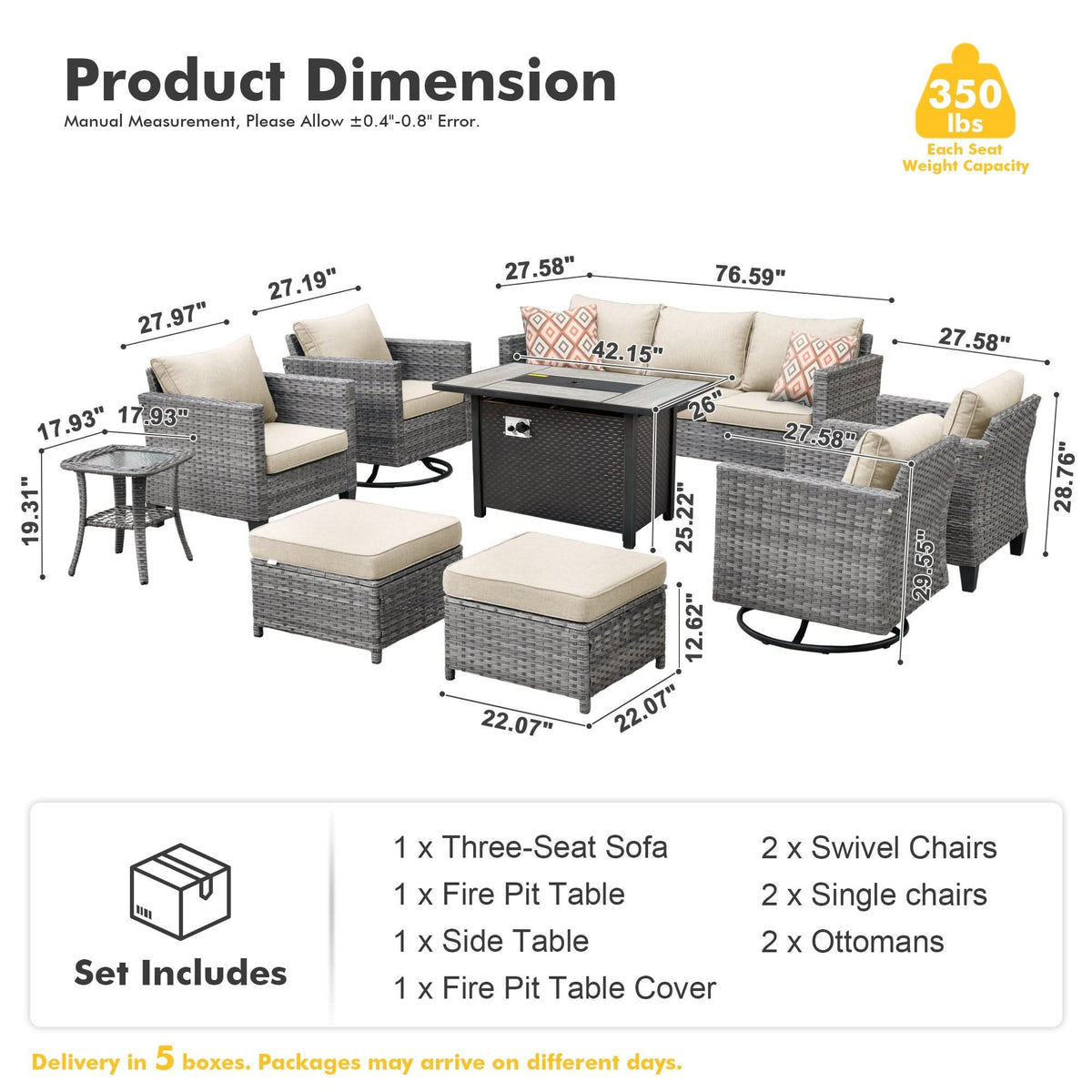 OVIOS Outdoor Patio Conversation Set with Fire Pit Table – Modern Wicker Sofa Seating