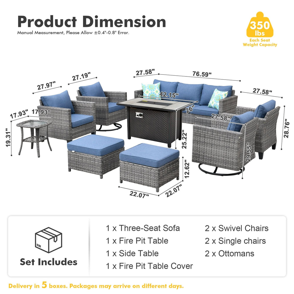 OVIOS Outdoor Patio Conversation Set with Fire Pit Table – Modern Wicker Sofa Seating