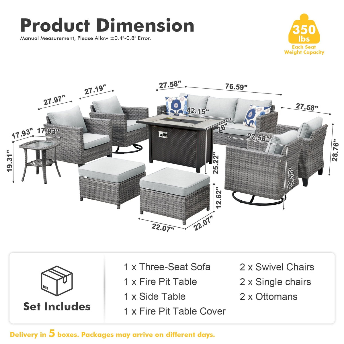 OVIOS Outdoor Patio Conversation Set with Fire Pit Table – Modern Wicker Sofa Seating