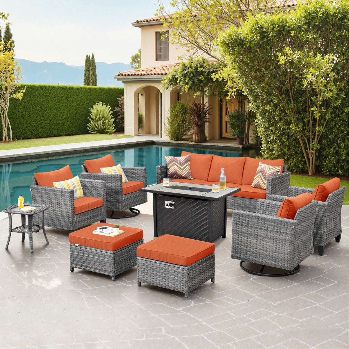 OVIOS Outdoor Patio Conversation Set with Fire Pit Table – Modern Wicker Sofa Seating