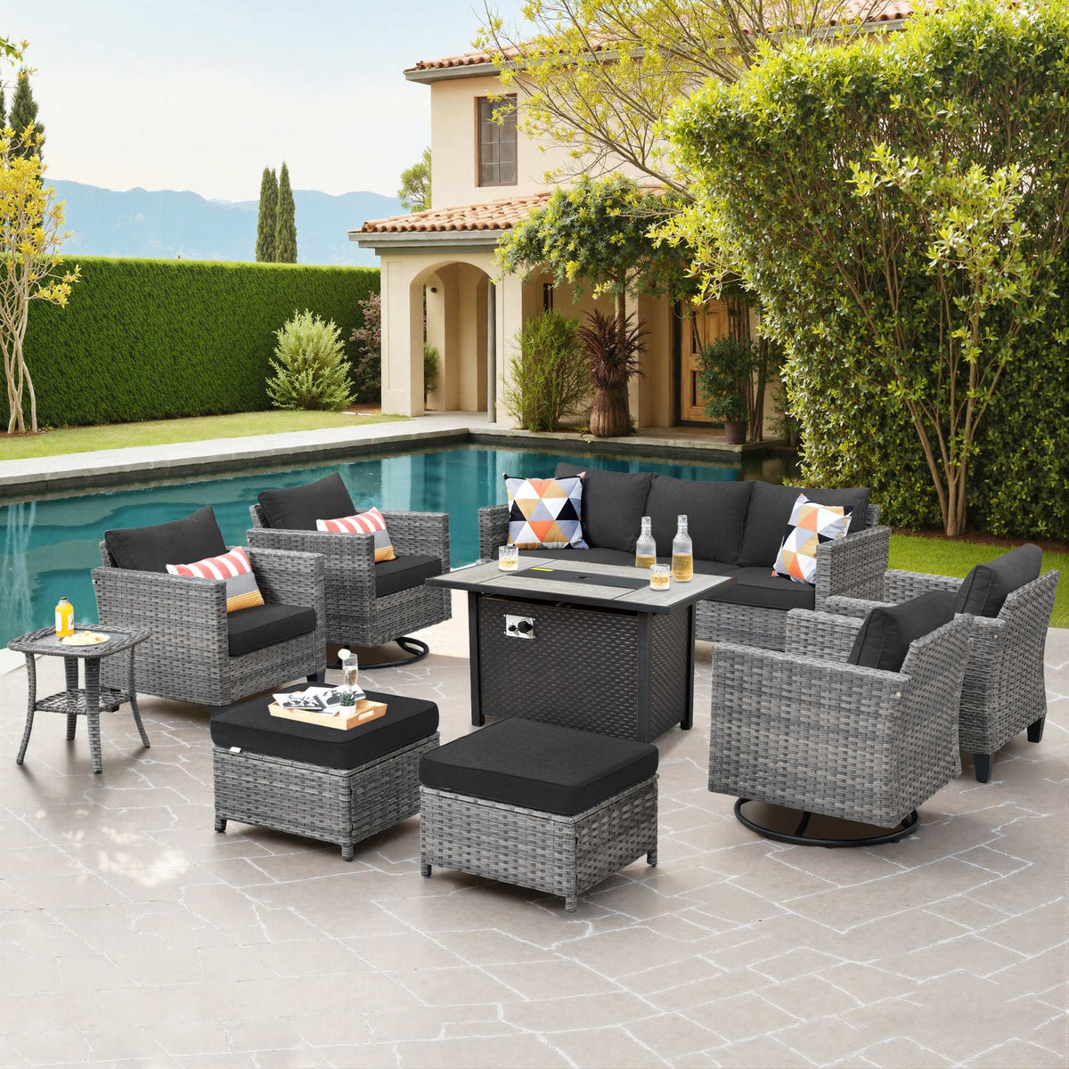 OVIOS Outdoor Patio Conversation Set with Fire Pit Table – Modern Wicker Sofa Seating