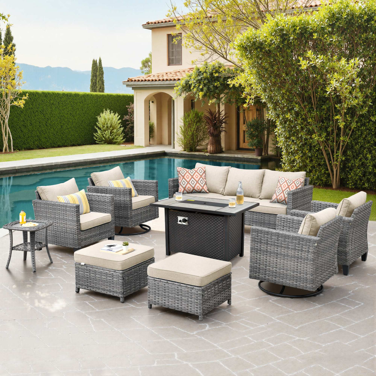 OVIOS Outdoor Patio Conversation Set with Fire Pit Table – Modern Wicker Sofa Seating