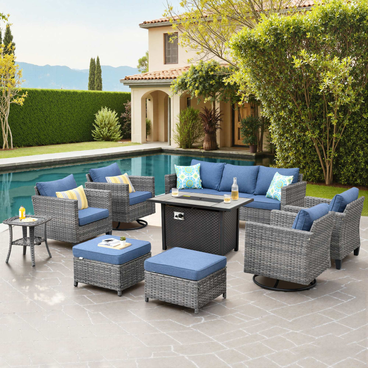OVIOS Outdoor Patio Conversation Set with Fire Pit Table – Modern Wicker Sofa Seating