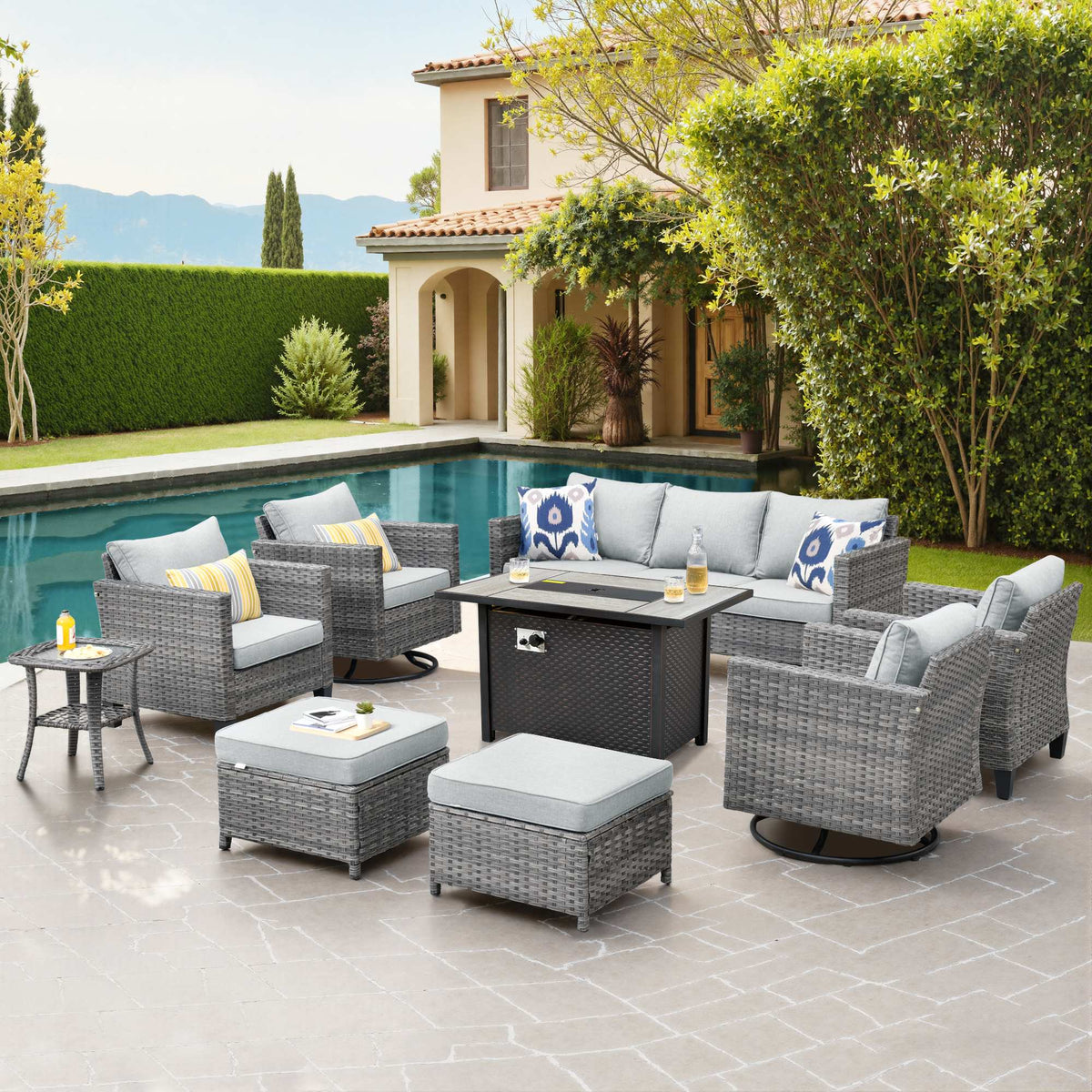 OVIOS Outdoor Patio Conversation Set with Fire Pit Table – Modern Wicker Sofa Seating