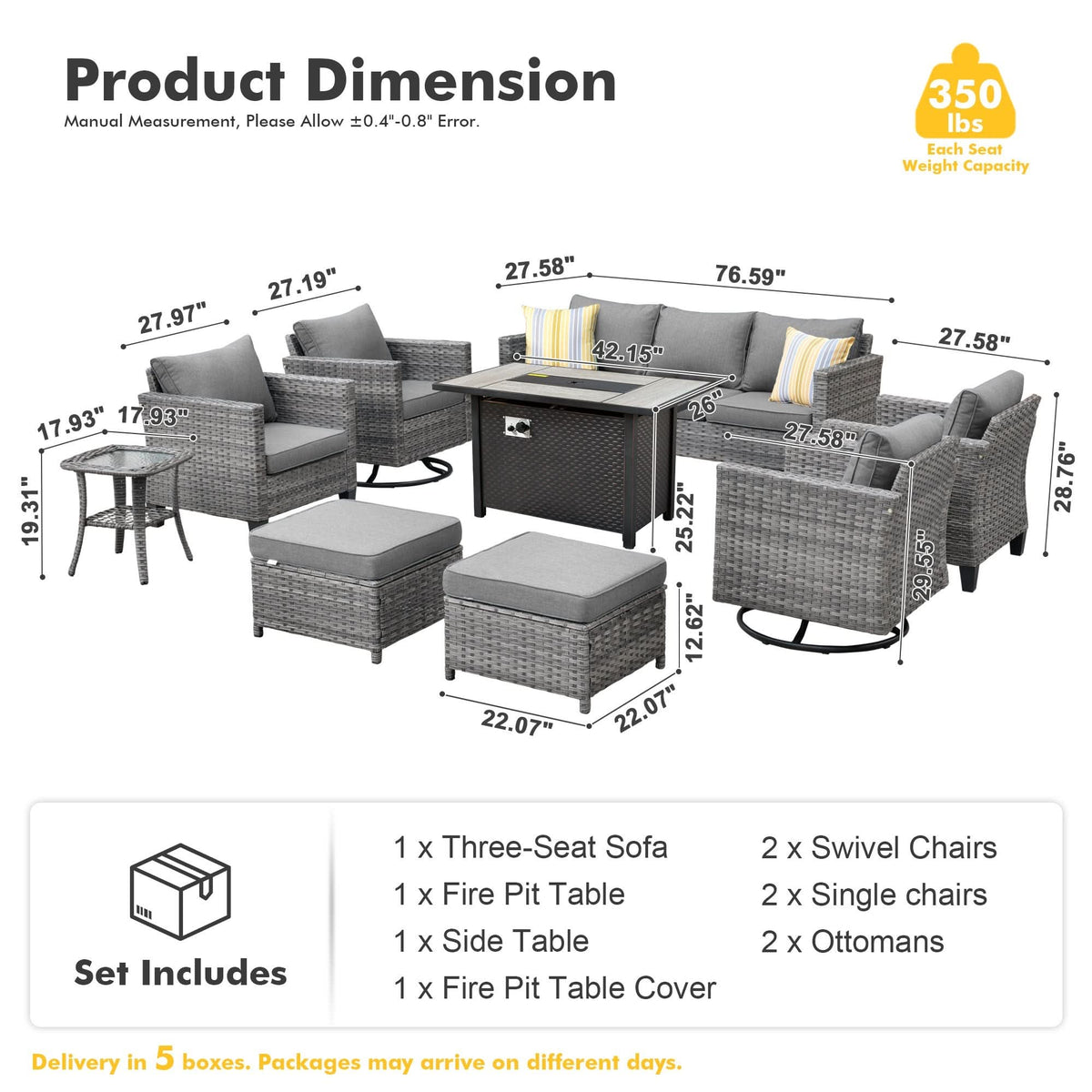 OVIOS Outdoor Patio Conversation Set with Fire Pit Table – Modern Wicker Sofa Seating
