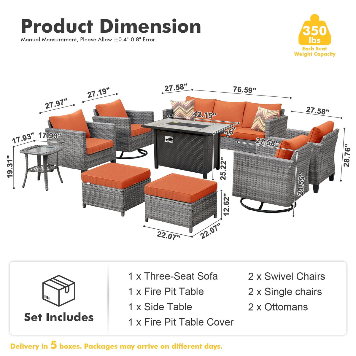 OVIOS Outdoor Patio Conversation Set with Fire Pit Table – Modern Wicker Sofa Seating