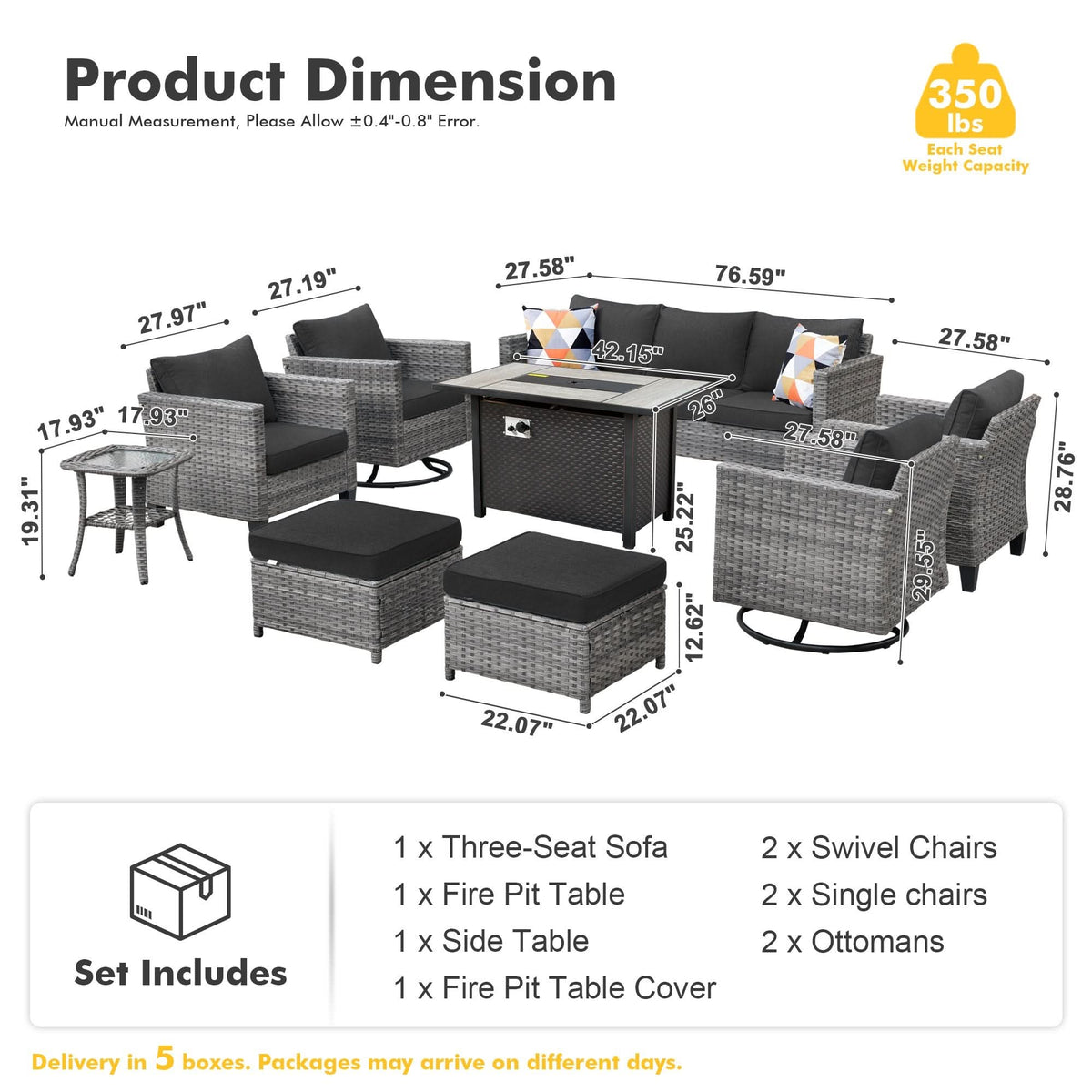 OVIOS Outdoor Patio Conversation Set with Fire Pit Table – Modern Wicker Sofa Seating