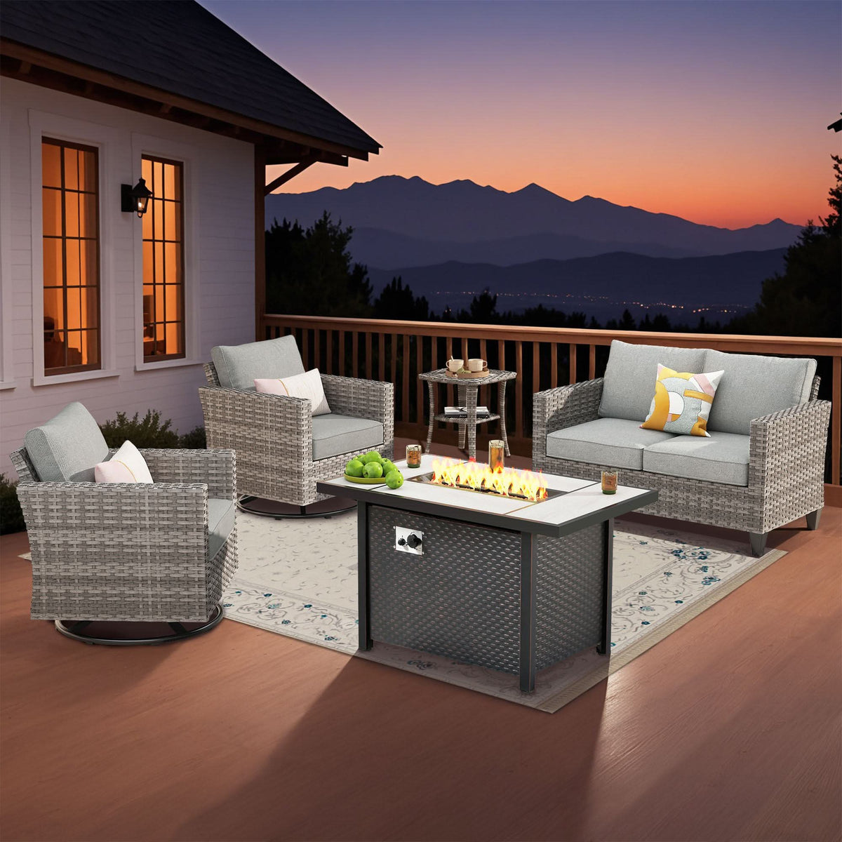 OVIOS Outdoor Patio Conversation Set with Fire Pit Table – Modern Wicker Sofa Seating