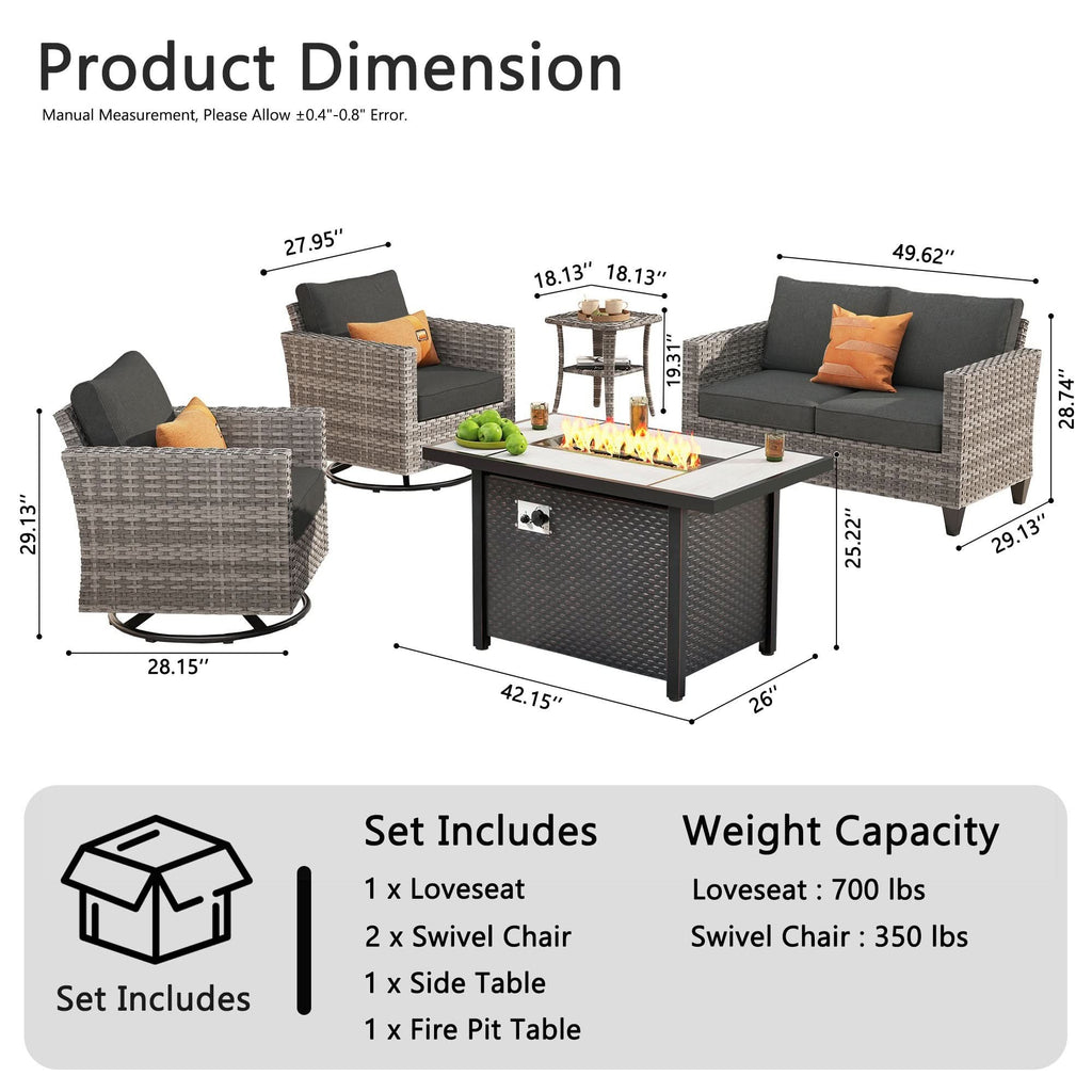 OVIOS Outdoor Patio Conversation Set with Fire Pit Table – Modern Wicker Sofa Seating