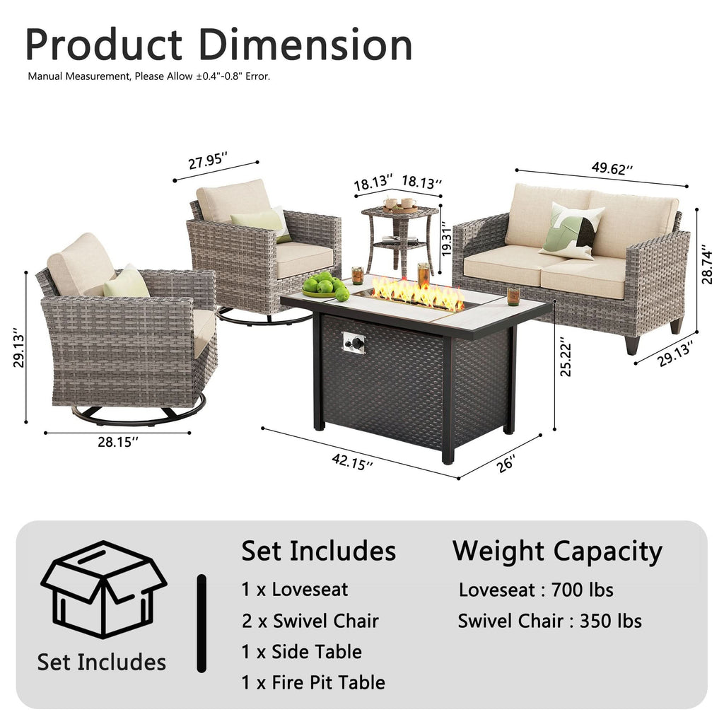 OVIOS Outdoor Patio Conversation Set with Fire Pit Table – Modern Wicker Sofa Seating
