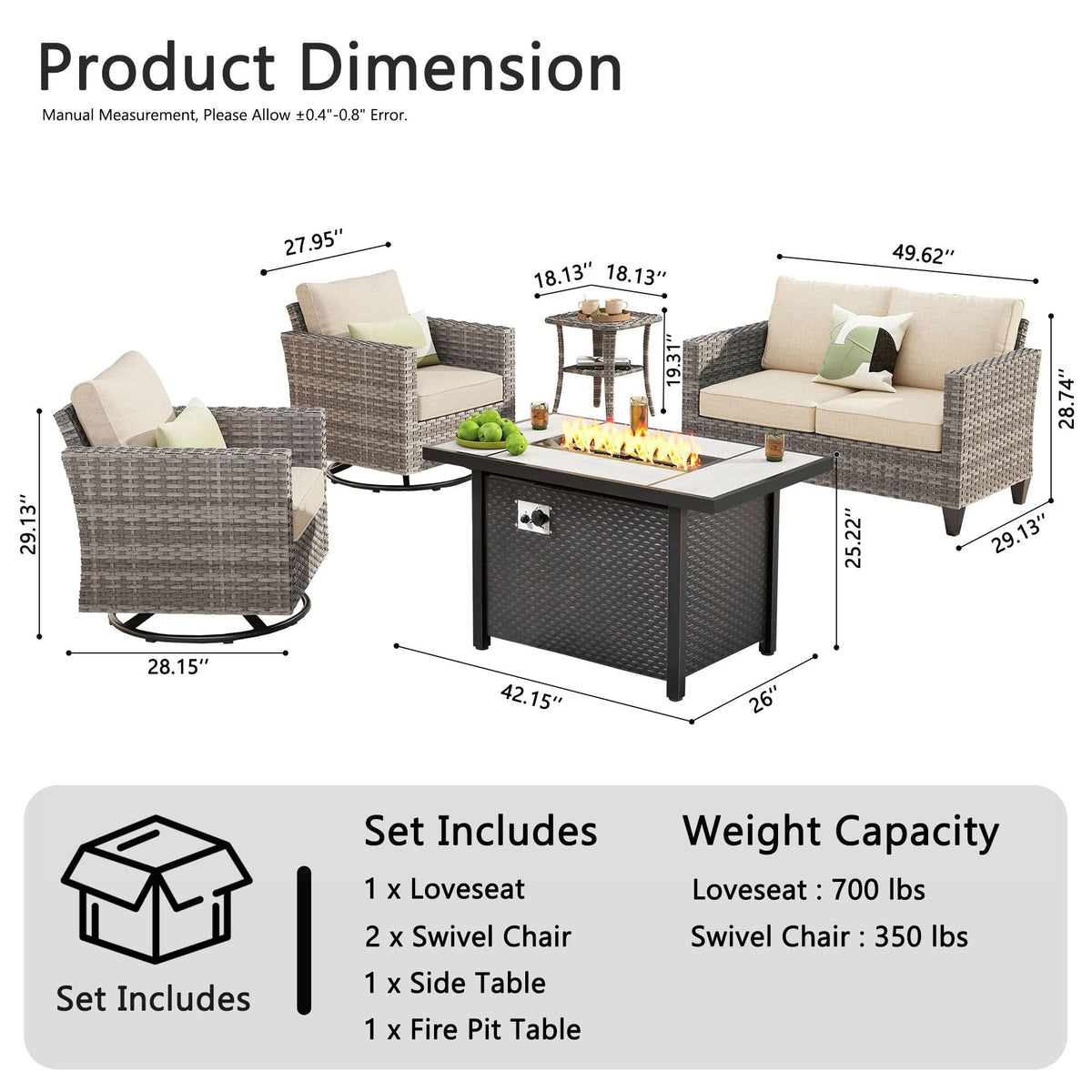 OVIOS Outdoor Patio Conversation Set with Fire Pit Table – Modern Wicker Sofa Seating