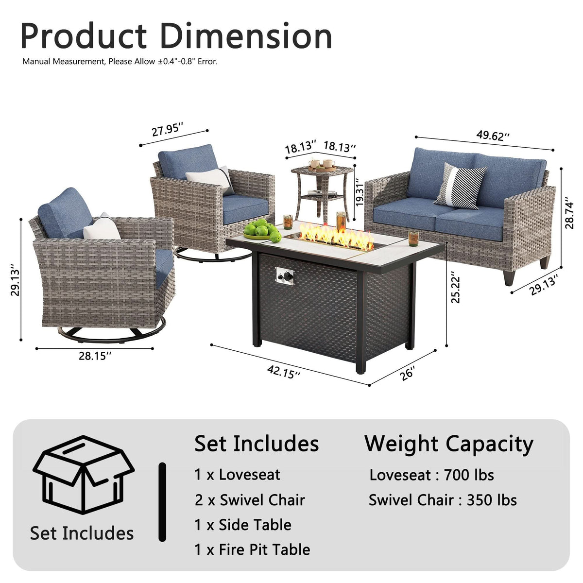 OVIOS Outdoor Patio Conversation Set with Fire Pit Table – Modern Wicker Sofa Seating