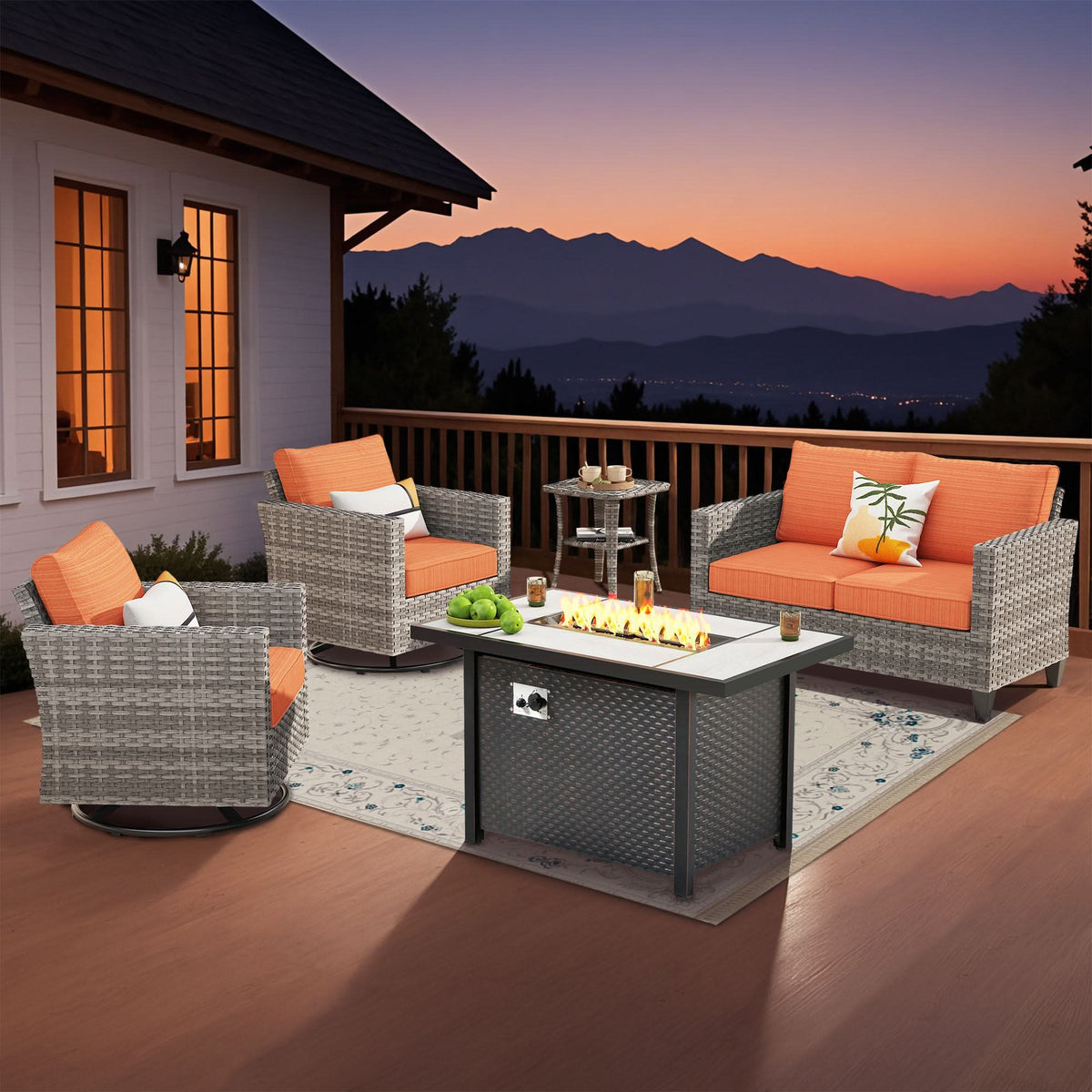 OVIOS Outdoor Patio Conversation Set with Fire Pit Table – Modern Wicker Sofa Seating