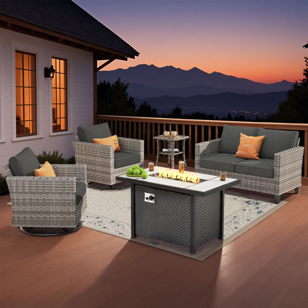 OVIOS Outdoor Patio Conversation Set with Fire Pit Table – Modern Wicker Sofa Seating