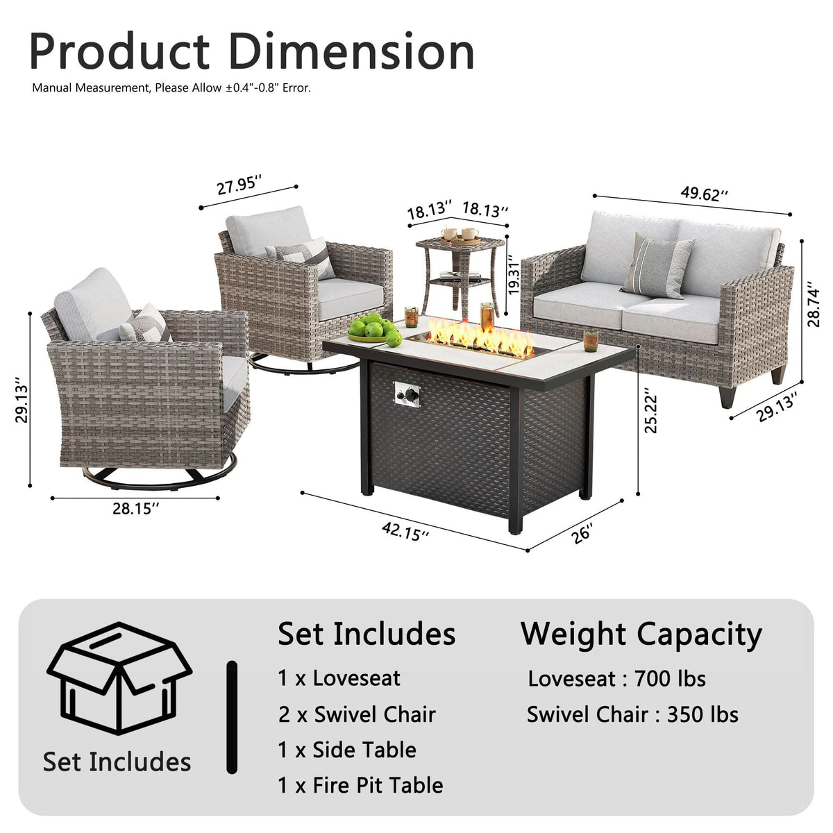 OVIOS Outdoor Patio Conversation Set with Fire Pit Table – Modern Wicker Sofa Seating