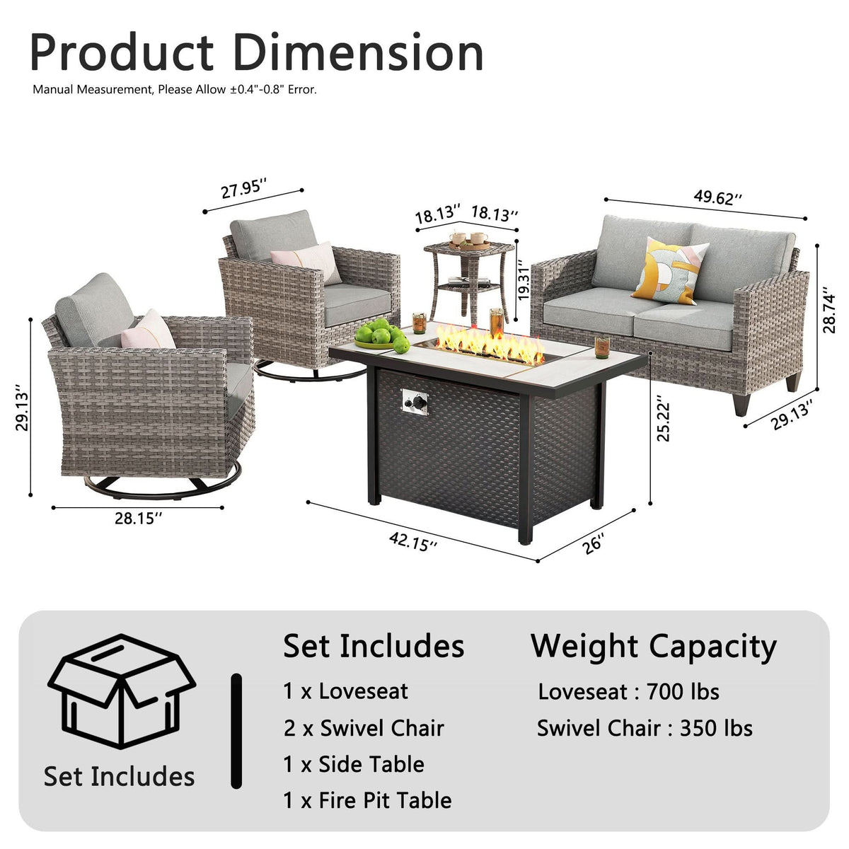 OVIOS Outdoor Patio Conversation Set with Fire Pit Table – Modern Wicker Sofa Seating